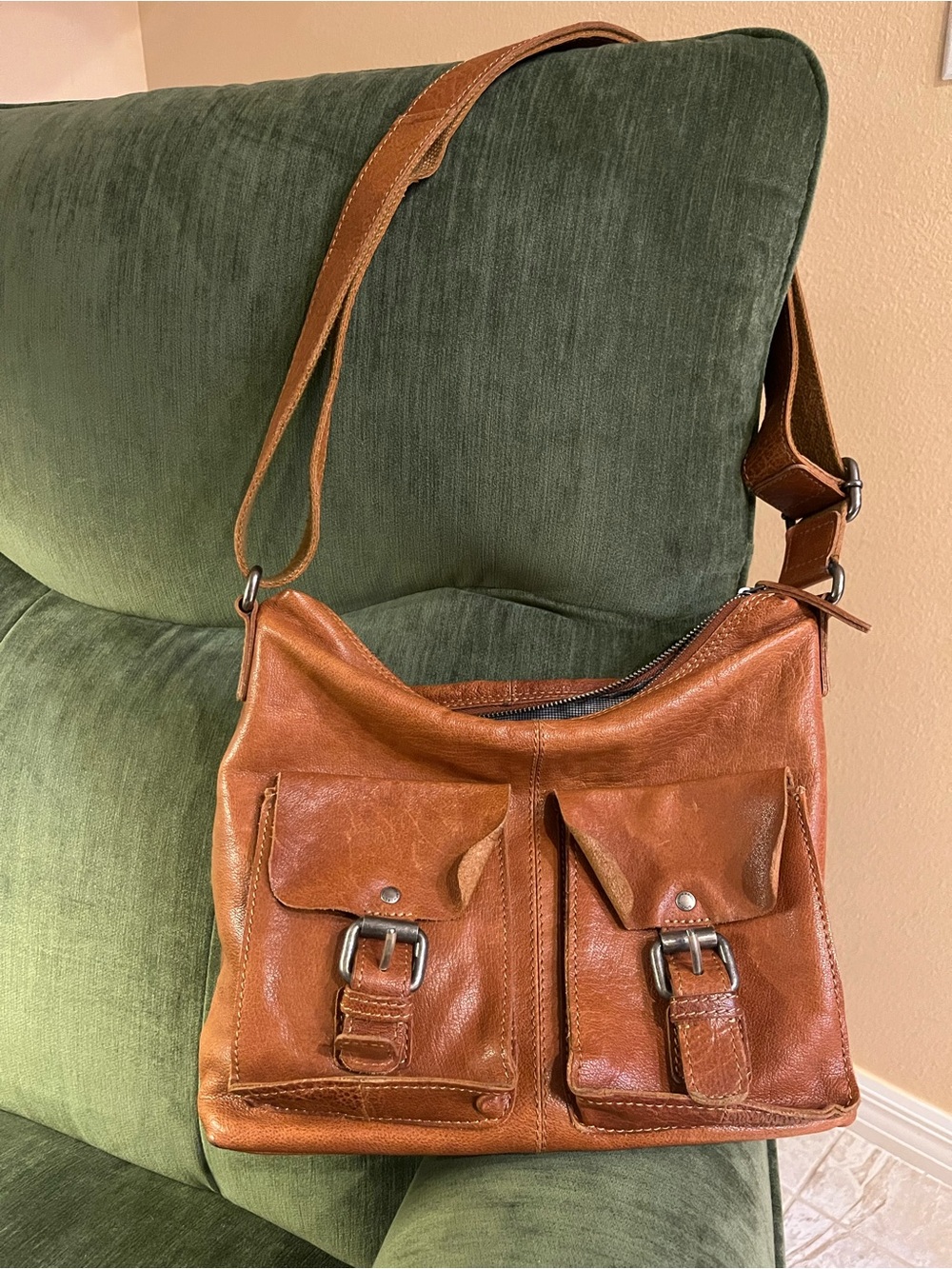Tan Leather Women's Crossbody Bag with Front Buckle Pockets